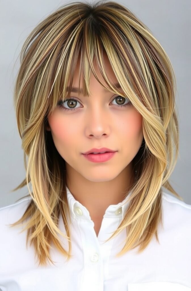 9. Chic Shoulder Length Shag Cut with Curtain Bangs Front View
