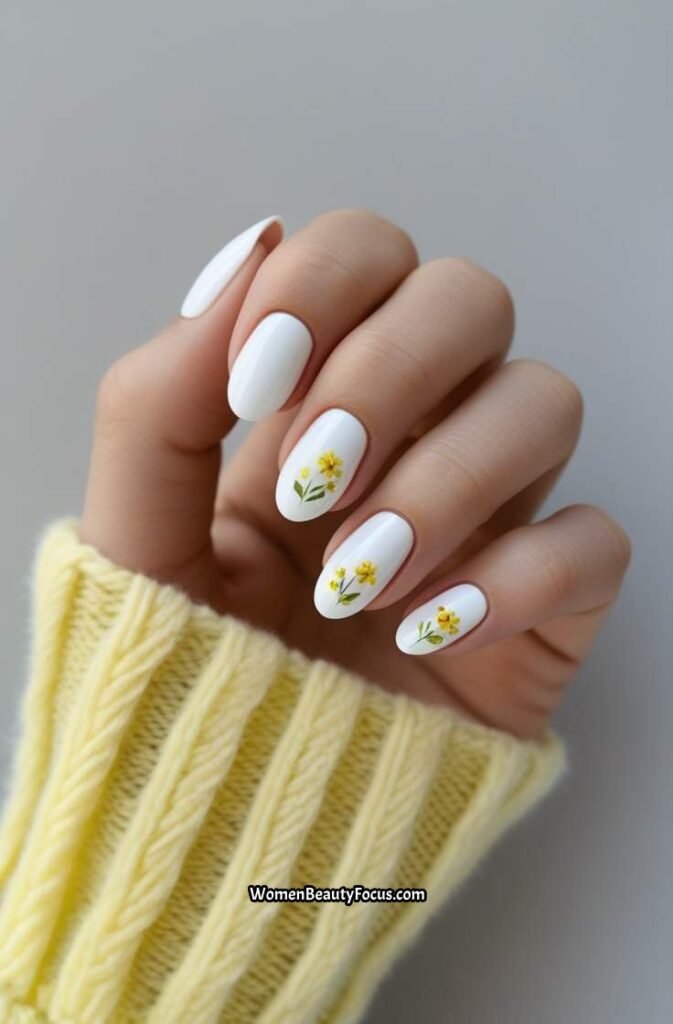 9. Crisp White Nails with Floral Accents