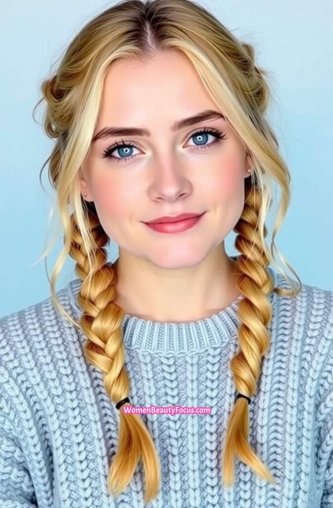 9. Double Braided Pigtails with Soft Waves Front View
