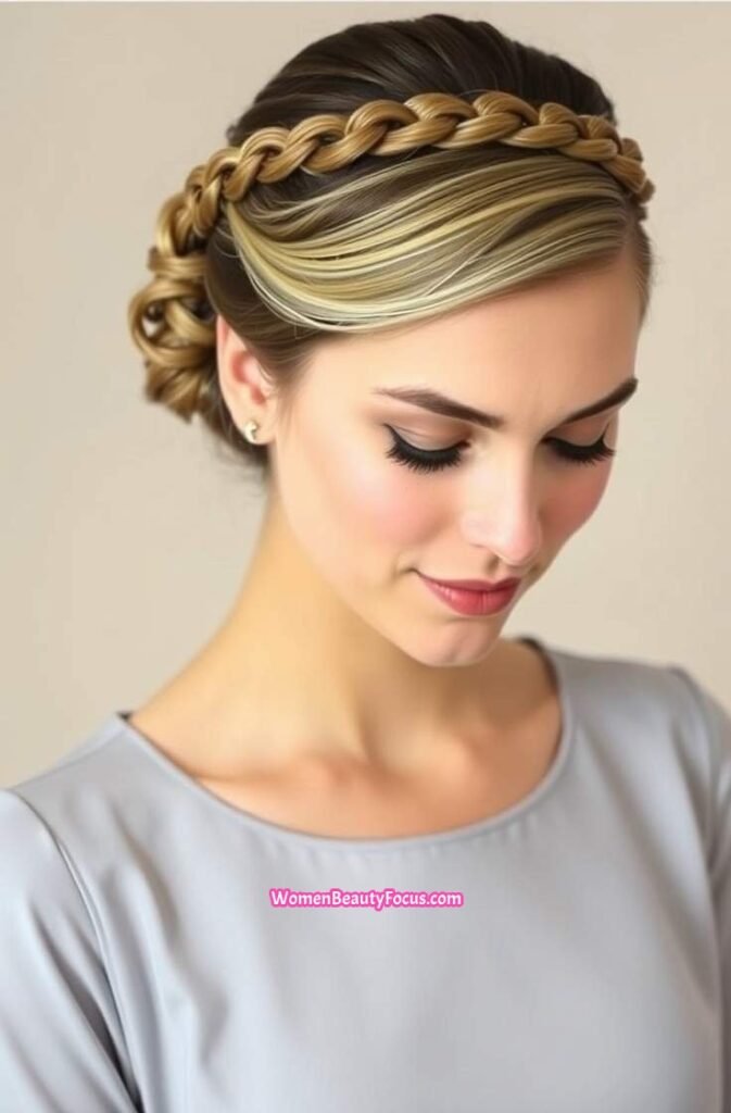 9. Elegant Updo with Crown Braid Front View