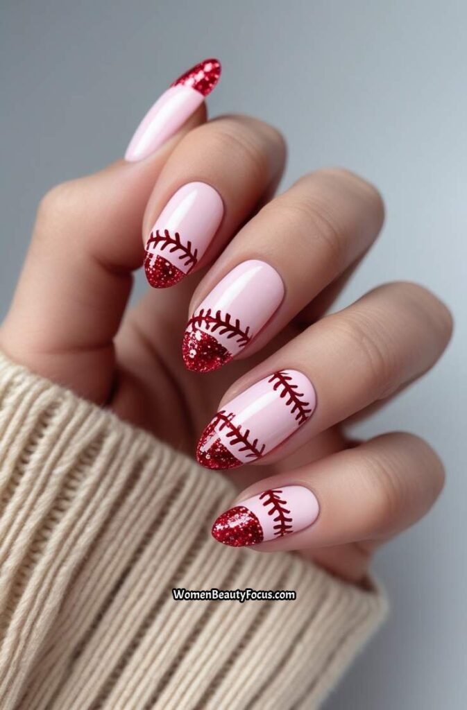 9. Glittering Baseball Nail Art