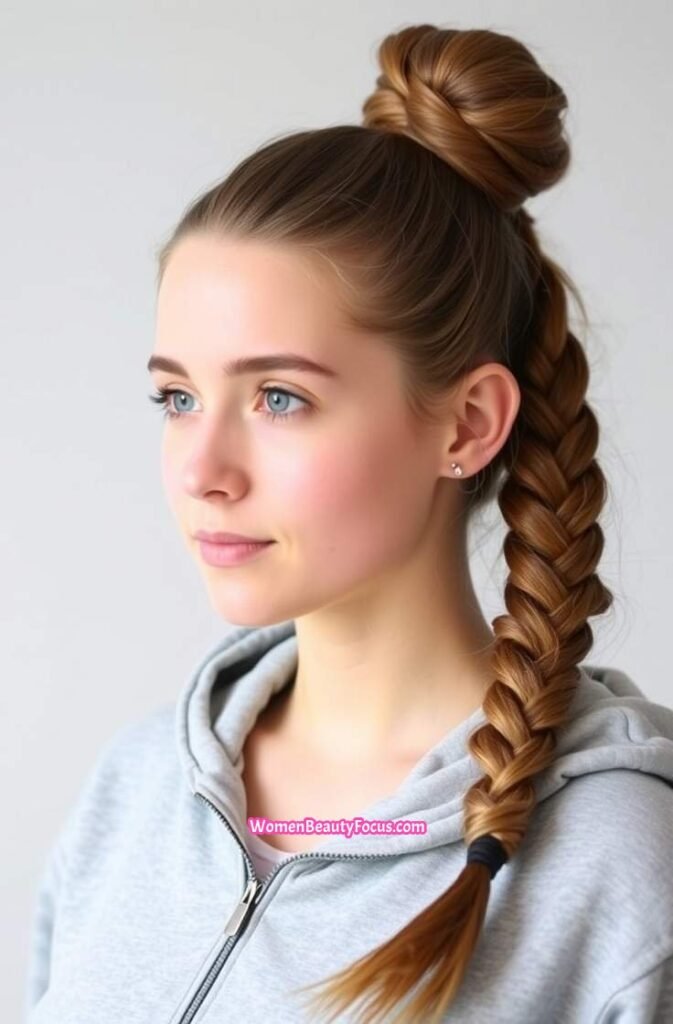 9. Half Up Braided Bun for a Playful Style Front View