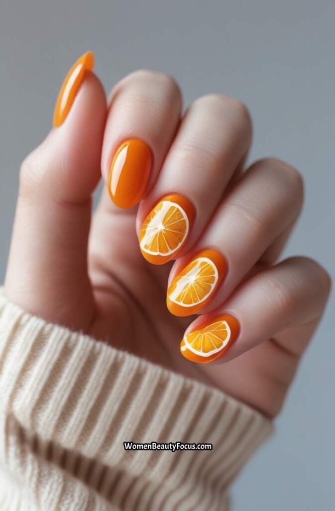 9. Juicy Orange Nail Art with Slices