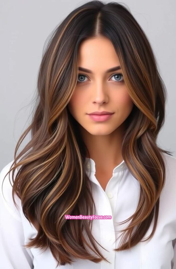 9. Long Layers with Face Framing Highlights Front View