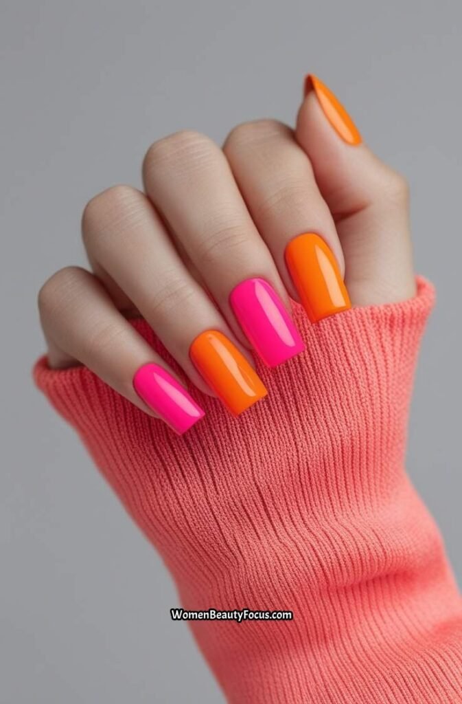 9. Orange and Pink Color Block Nails