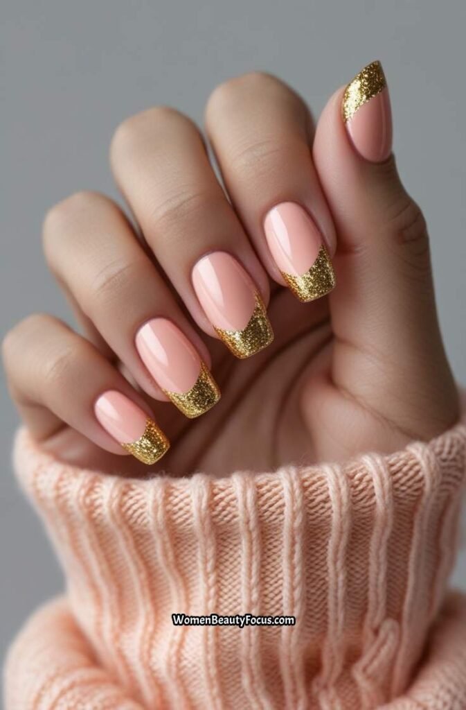 9. Peachy Pink Nails with Gold Glitter Tips