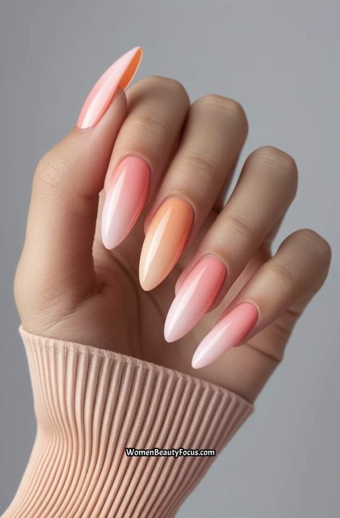9. Peachy Pink Ombre Nails with Gloss Finish