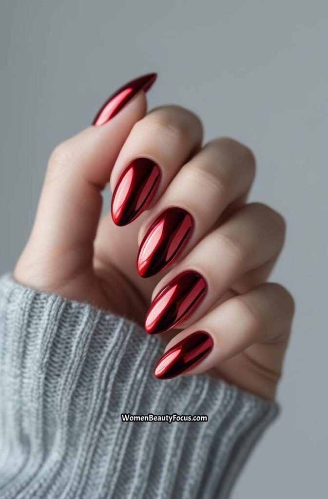 9. Red Chrome Nails on Almond Shape