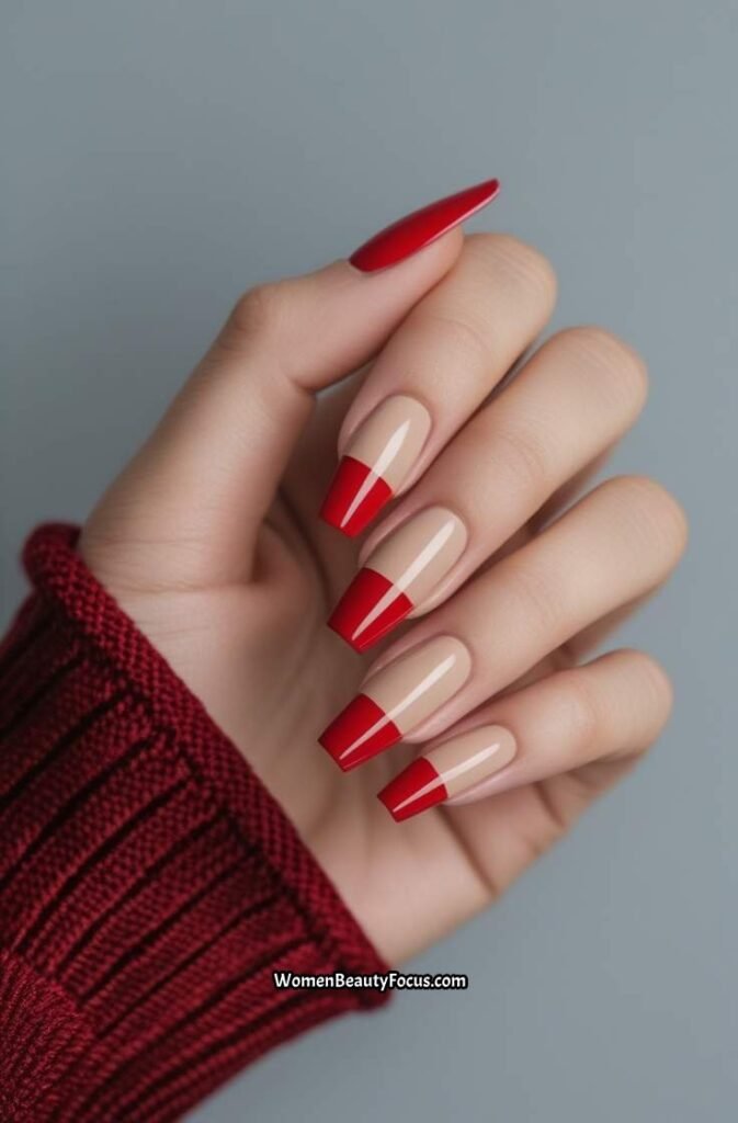 9. Red French Tips with a Glossy Finish