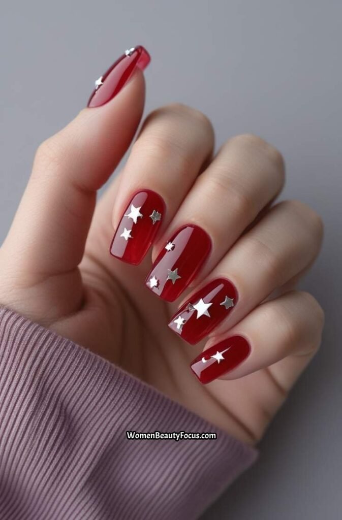 9. Red Glass Nails with Silver Star Stickers