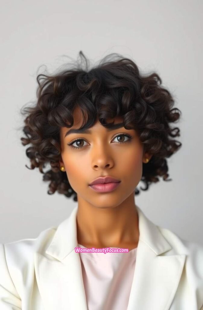9. Short Curly Hair with Bangs Front View