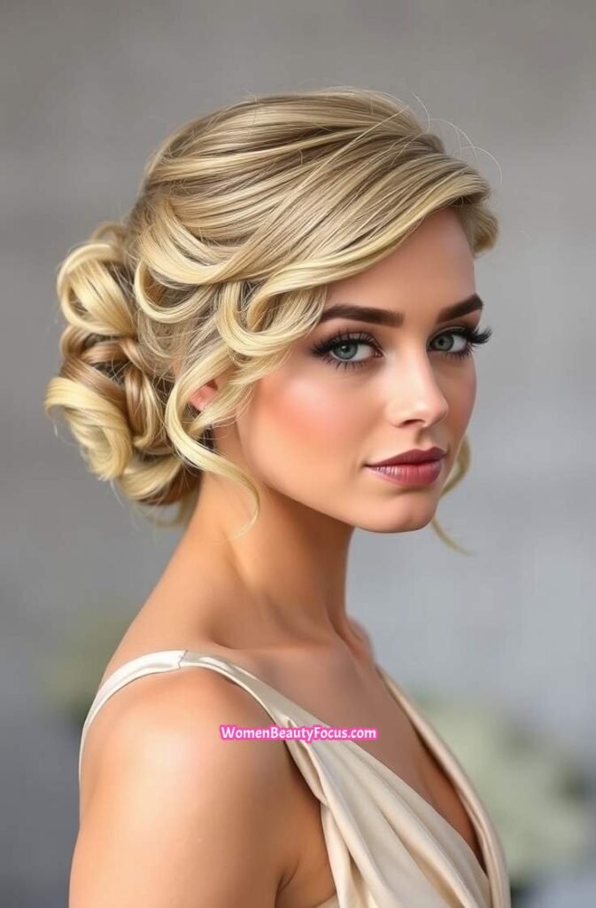 9. Soft Curled Updo with Side Part Front View