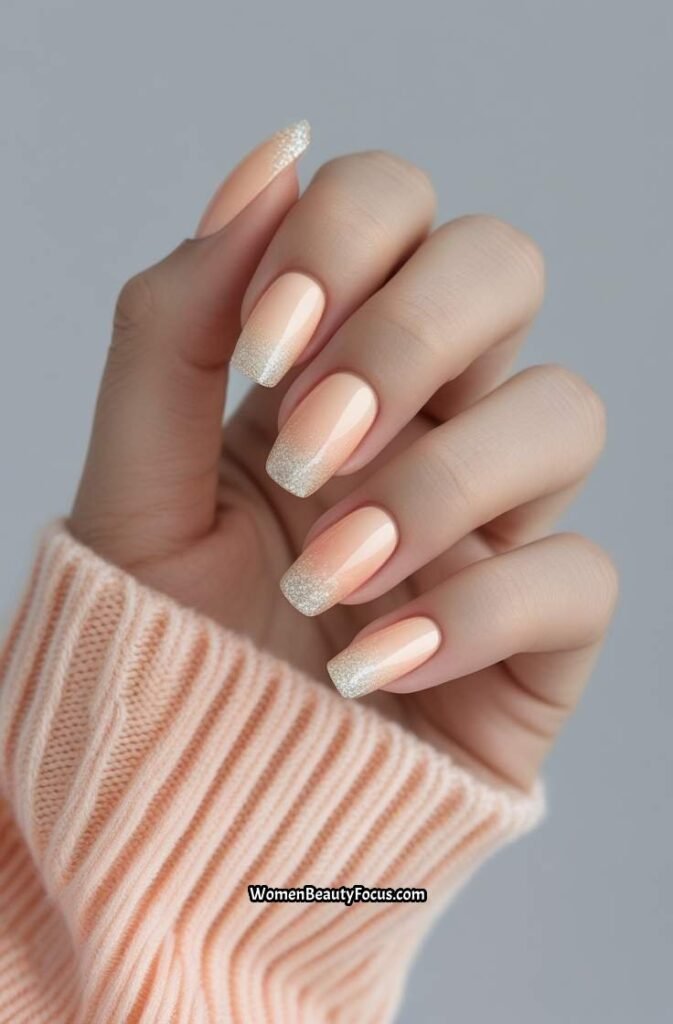 9. Soft Peach Gradient Nails with Glitter Tips