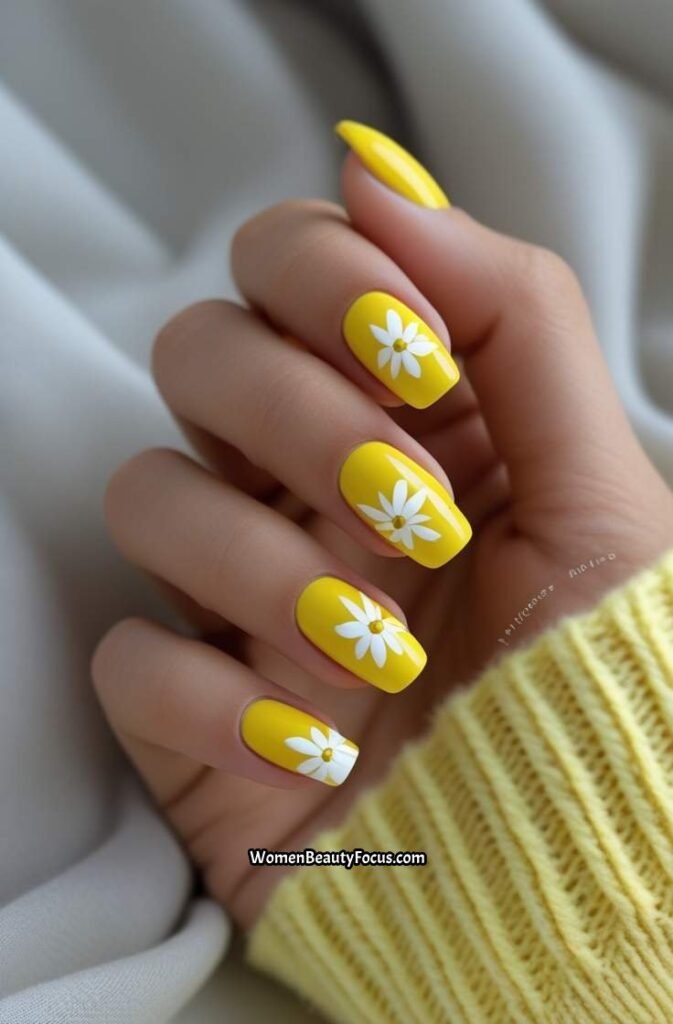 9. Sunflower Yellow Nails with Petal Designs