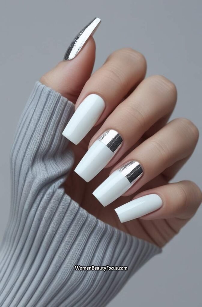9. White Square Nails with Silver Foil Accents