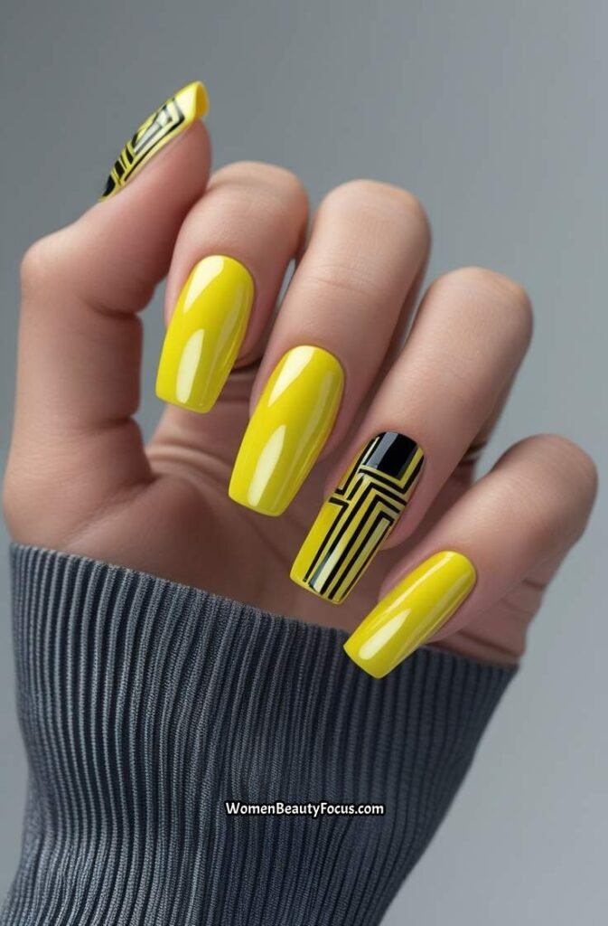9. Yellow Chrome Nails with Black Line Art