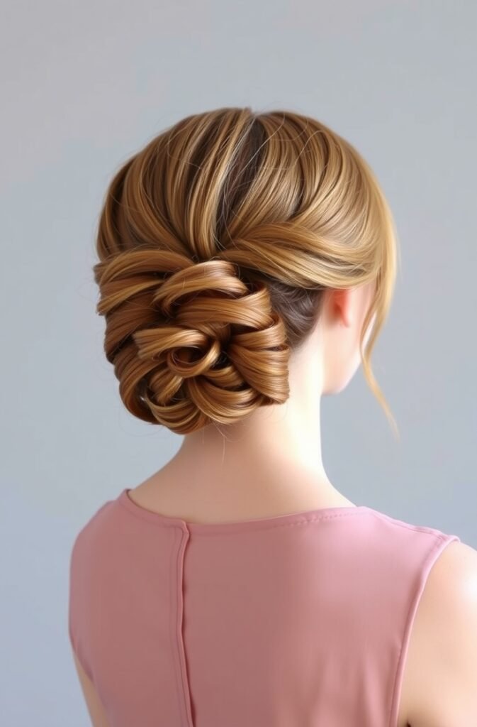Flux Schnell This elegant low bun features a beautiful twisted 3