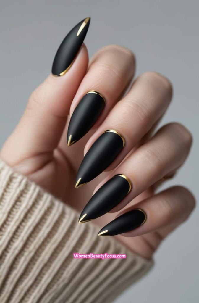 1. Black Matte Stiletto Nails with Gold Accents 1 IMGCentury