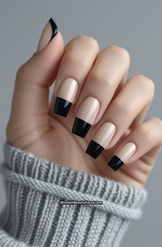 1. Classic Black French Tip with a Glossy Finish