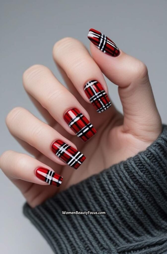 1. Classic Red and Black Plaid Nails