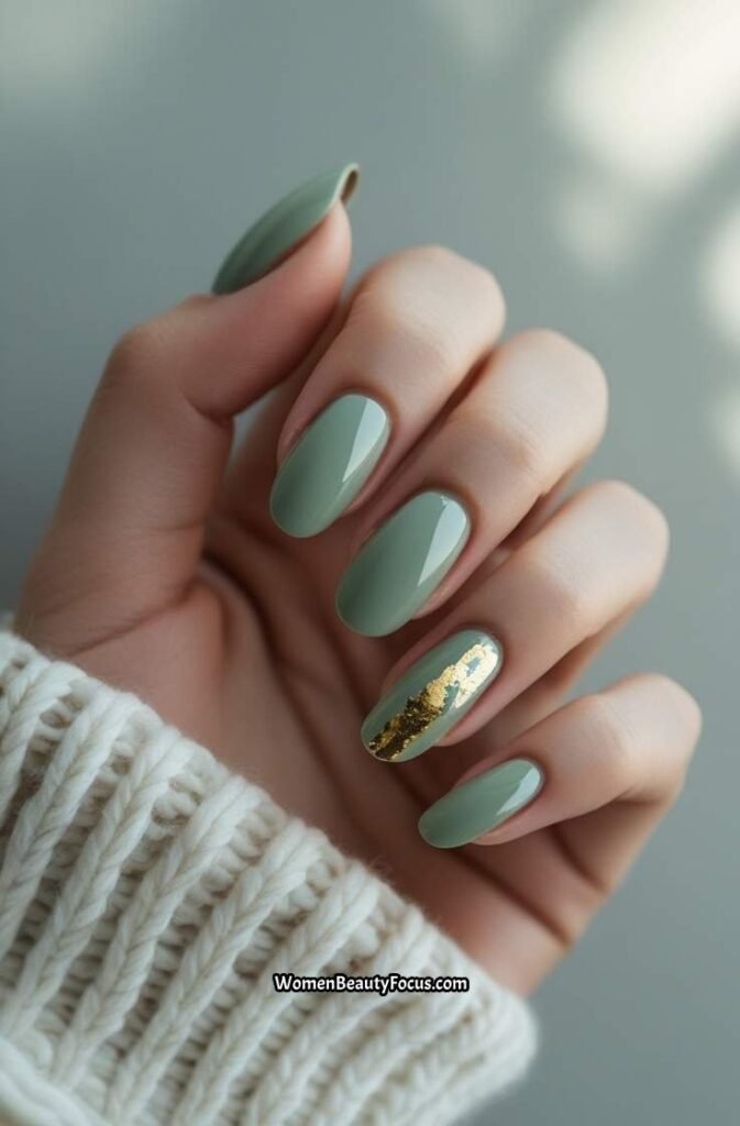 1. Glossy Sage Green Nails with Gold Foil