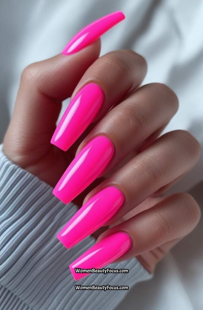 1. Neon Pink Coffin Nails with Glossy Finish