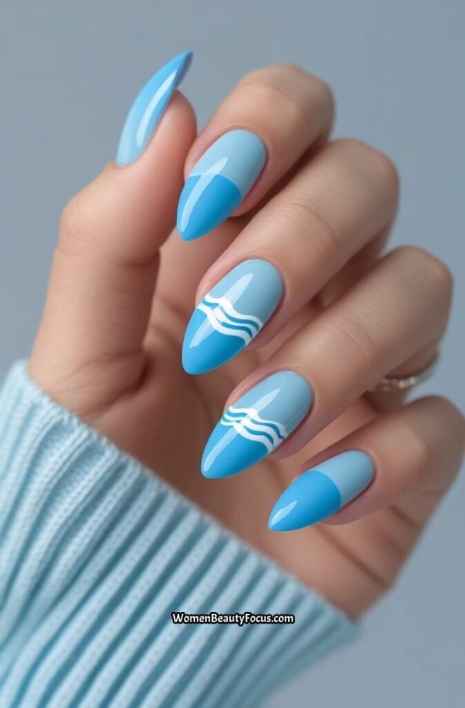 1. Sky Blue French Tips with White Waves
