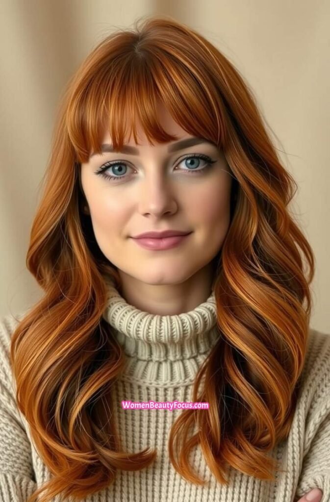1. Soft Copper Waves with Curtain Bangs Front View