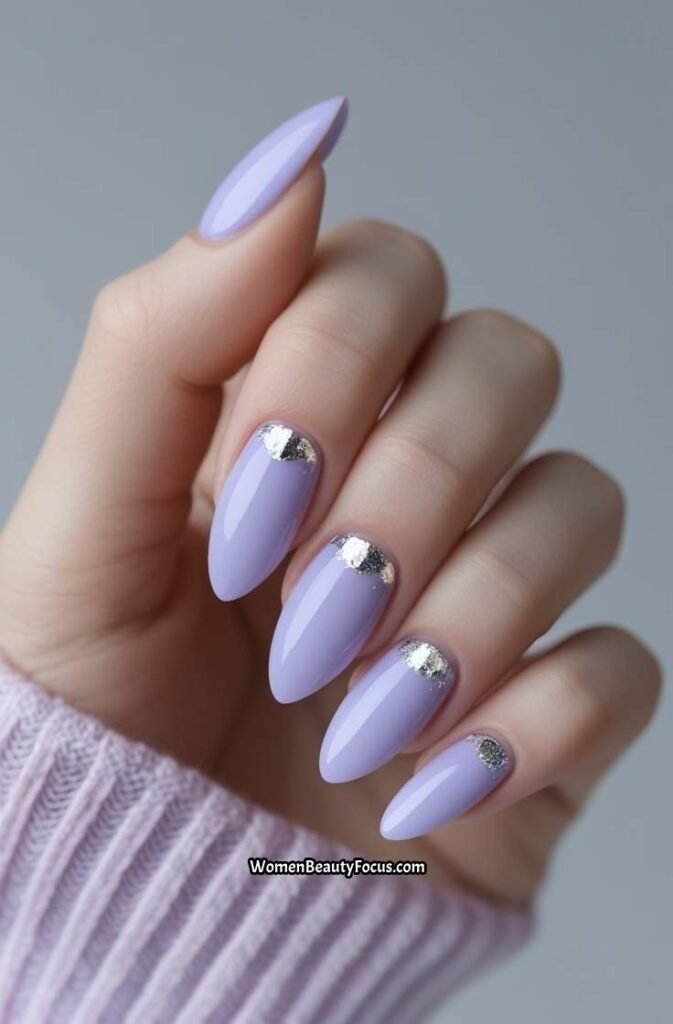 1. Soft Lavender Almond Nails with Silver Foil