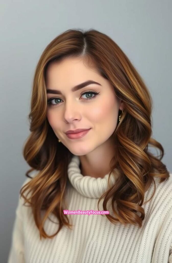 1. Warm Chestnut Brown Waves with Subtle Highlights FrontStraight View