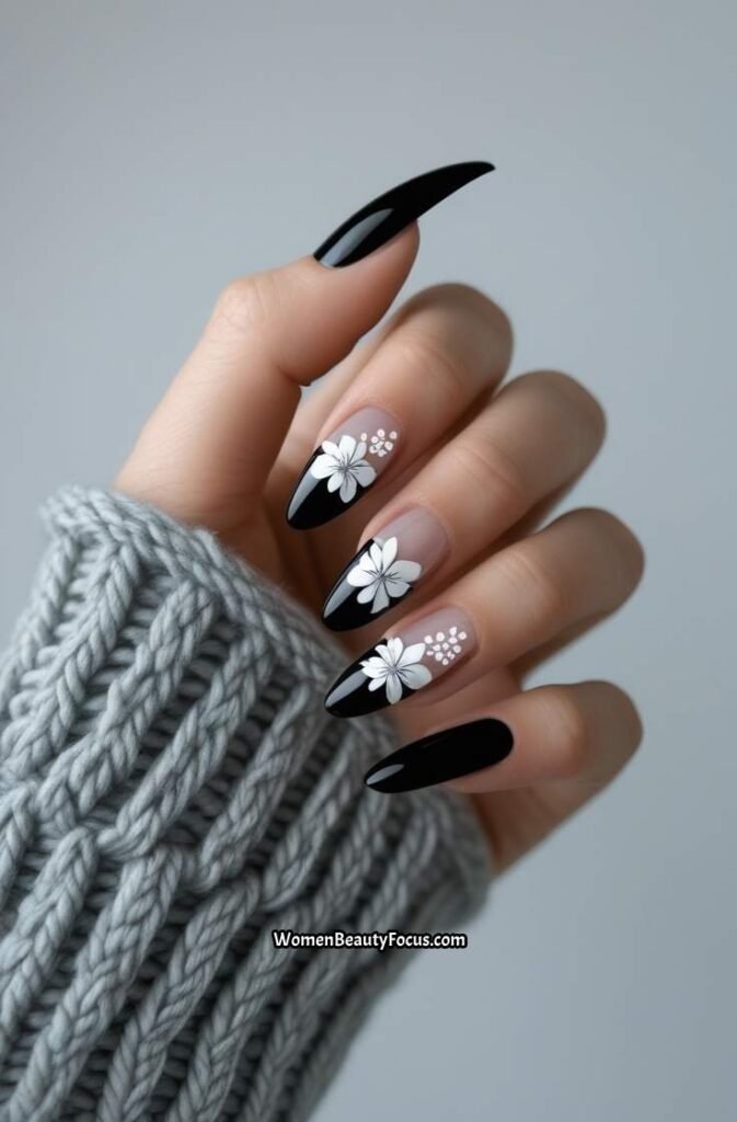 10. Black French Tips with Floral Detailing