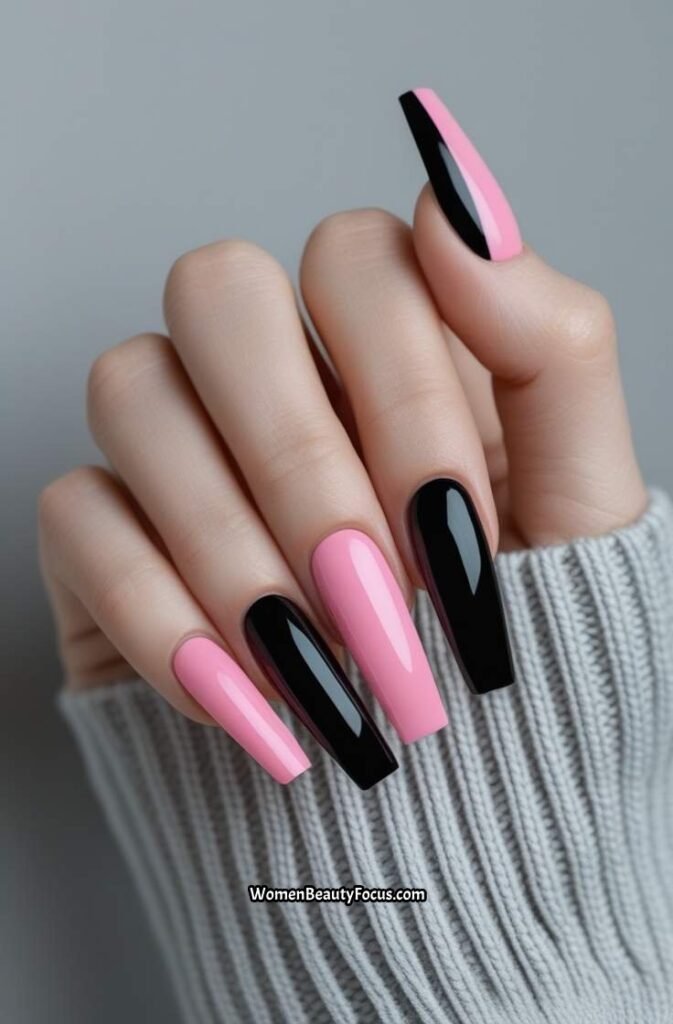 10. Black and Pink Reverse French Tips