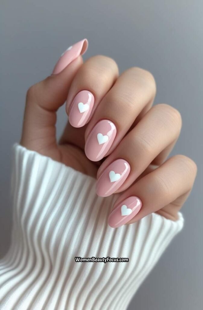10. Blush Pink Short Acrylic Nails with Heart Accents