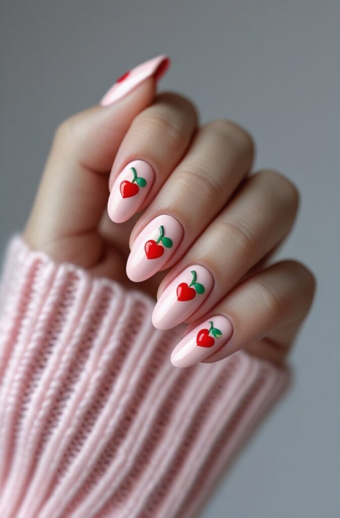 10. Cherry Heart Accent Nails