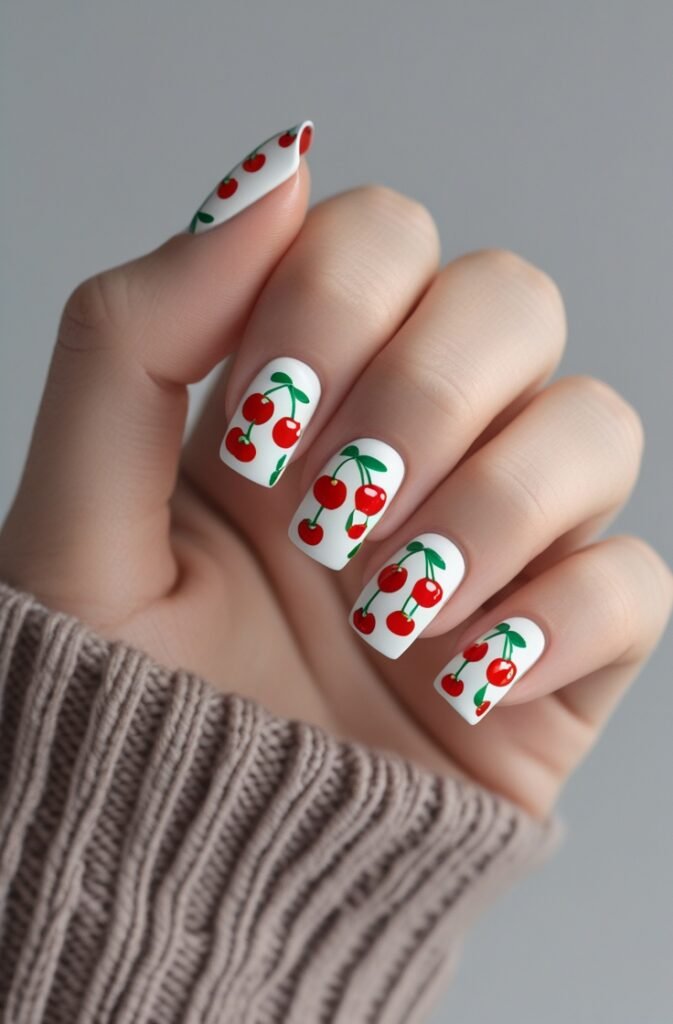 10. Cherry Pattern Nails with Nude Base