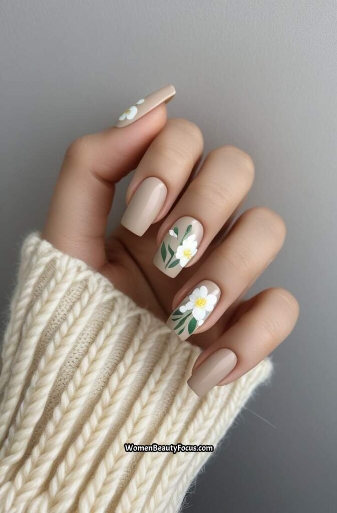10. Floral Accent Nails on Neutral Base