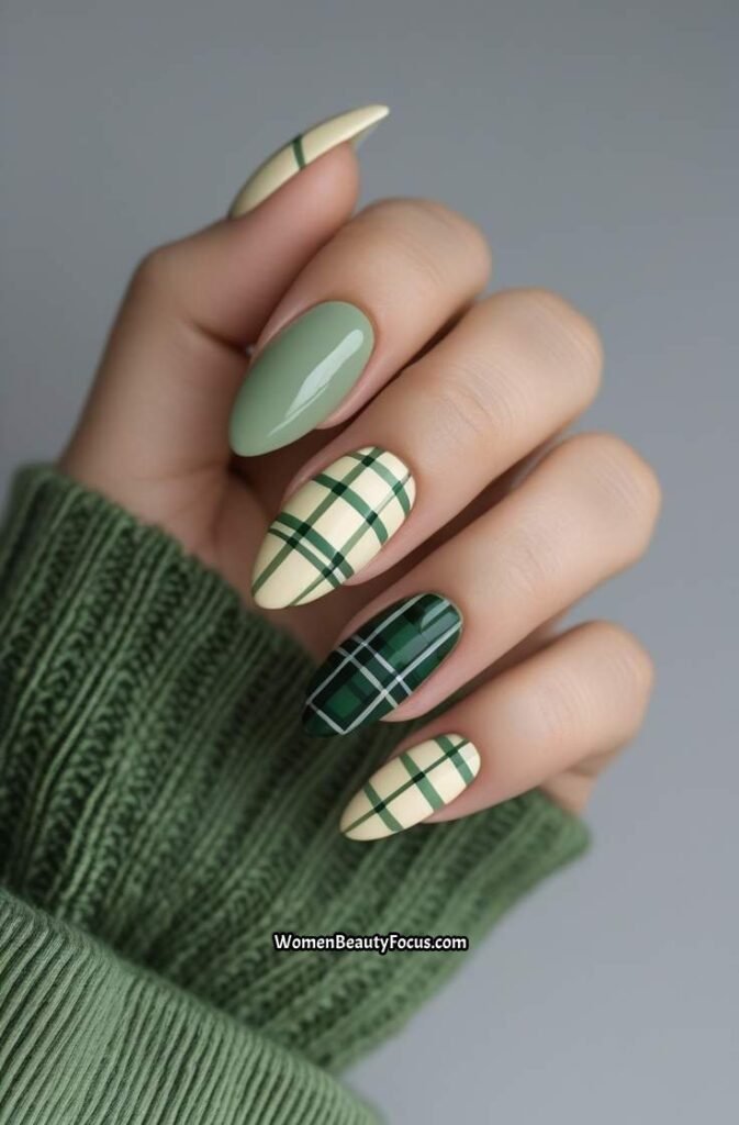 10. Green and Cream Fall Plaid Nails