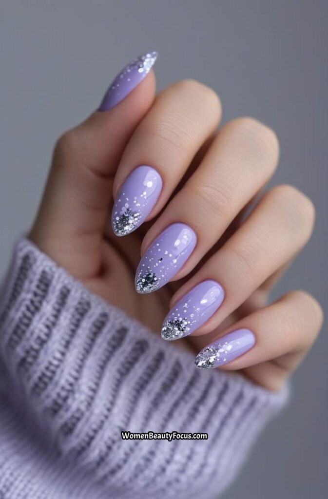 10. Lavender Almond Nails with Silver Glitter