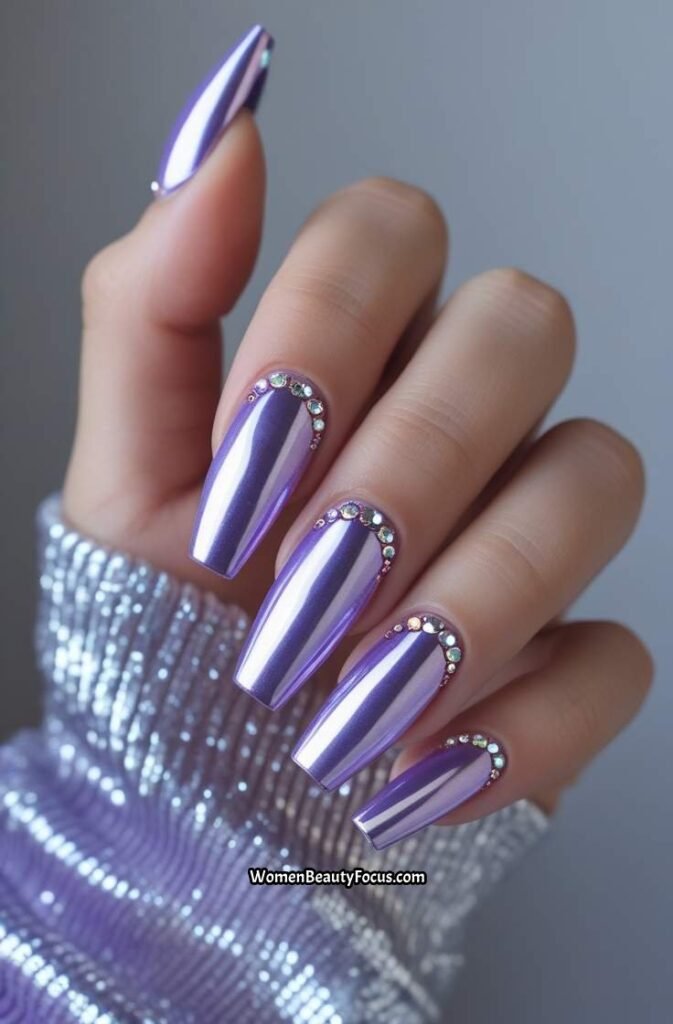 10. Lavender Chrome Nails with Rhinestone Cuticles
