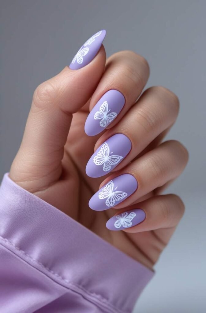 10. Lavender Nails with Butterfly Designs