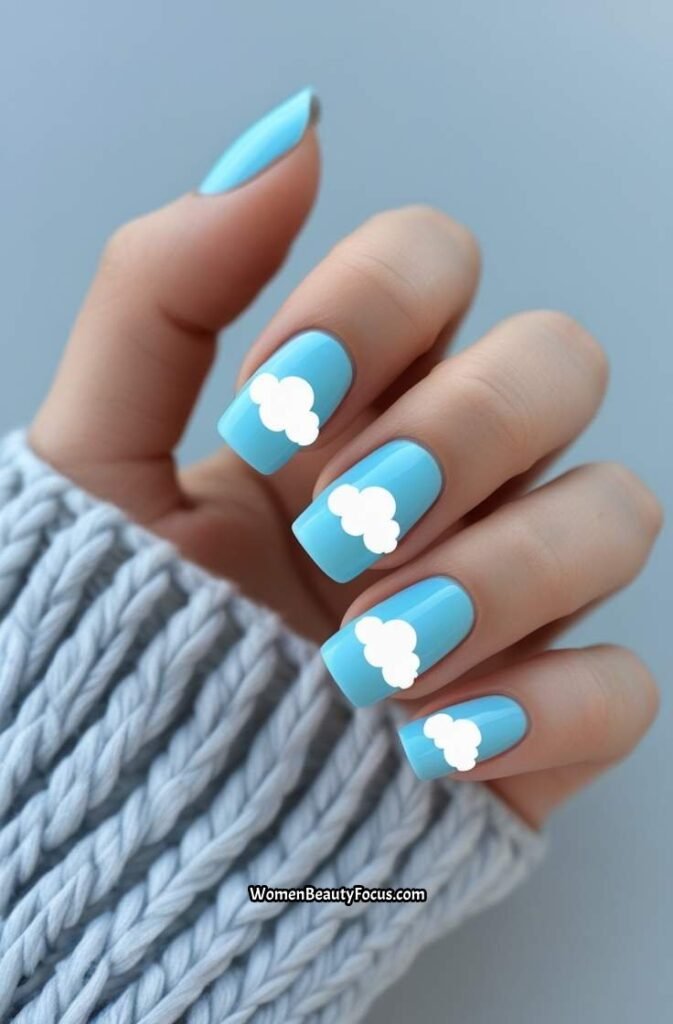 10. Light Blue Nails with Cloud Art