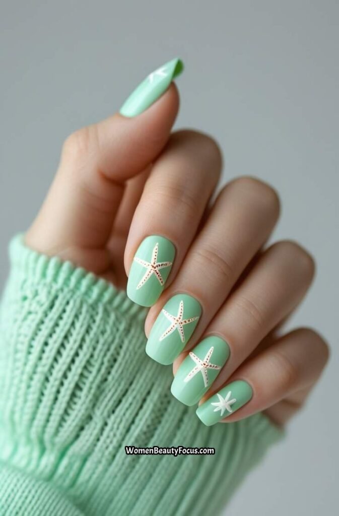 10. Mint Green Nails with Starfish Accents