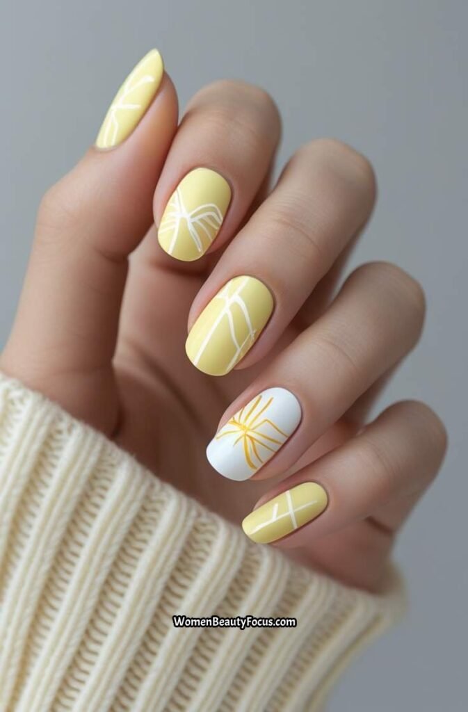 10. Pale Yellow Nails with Minimal Line Art