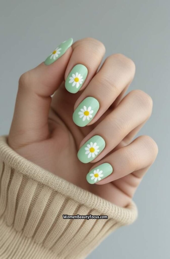 10. Pastel Green Nails with Dainty Daisies