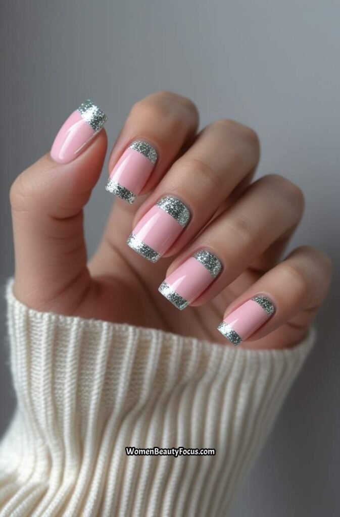 10. Pink and Silver Glitter French Tips