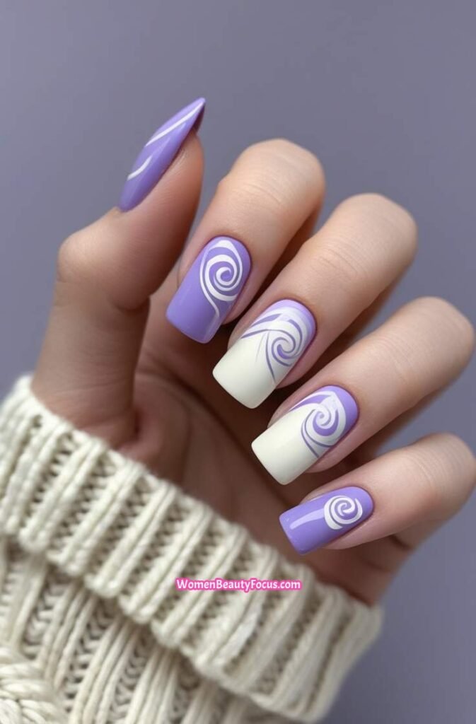 10. Purple and White Swirl Art Nails