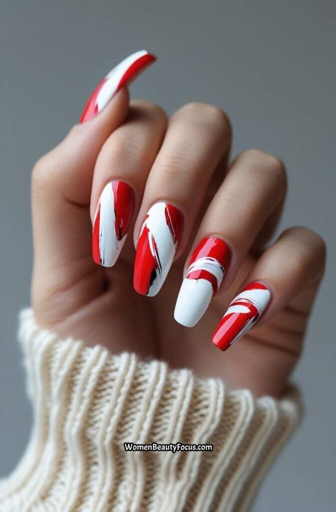 10. Red and White Abstract Art Nails