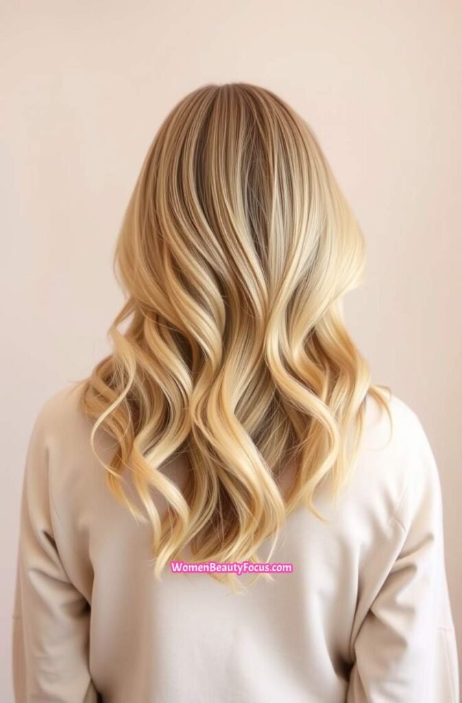 10. Sandy Blonde Hair with Blended Balayage Back View