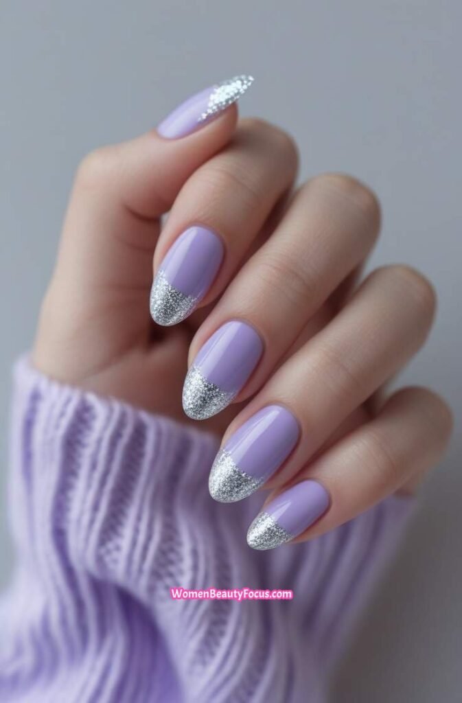 10. Soft Lavender Nails with Silver Glitter Tips