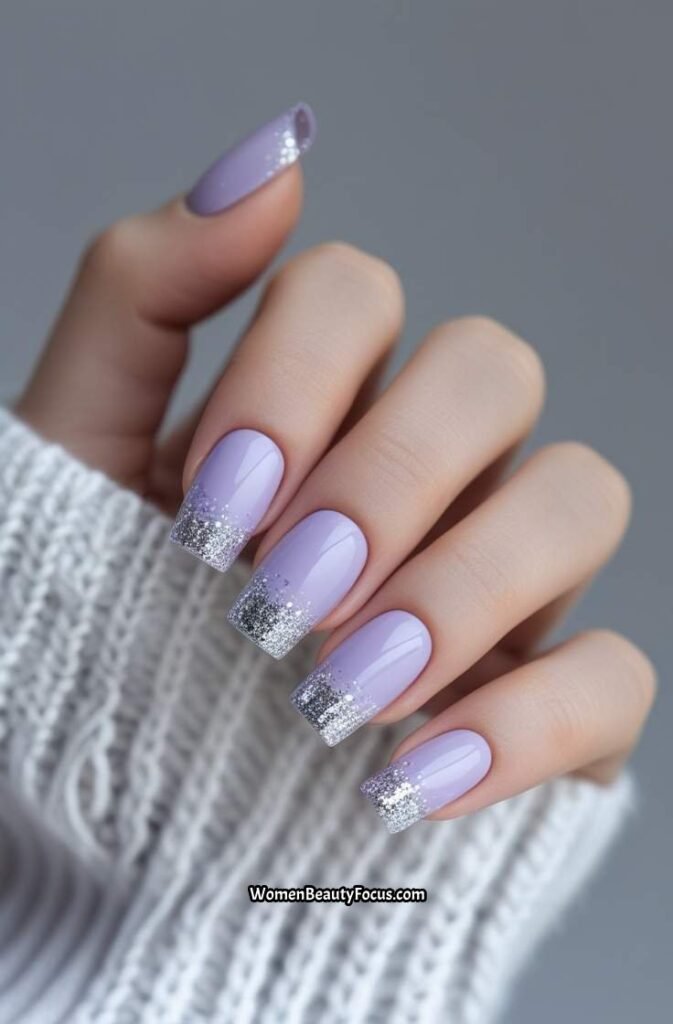 10. Soft Lilac Square Nails with Silver Glitter Tips